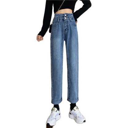 Damen Mom-Jeans Hochtaillierte Abnehmbare Säume Blau Eveloria