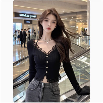 Damen Langarmshirt Spitzenbesatz Elegantes Weißen
