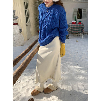 Damen Strickpullover Kabelmuster Weich Grau
