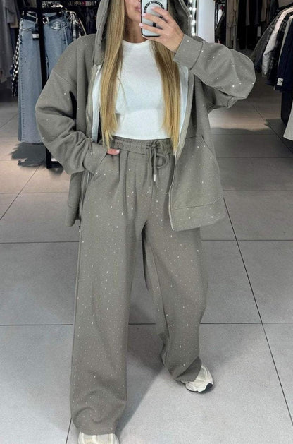 Damen Hoodie Jogginghosen Set Baumwolle Bequem Grau
