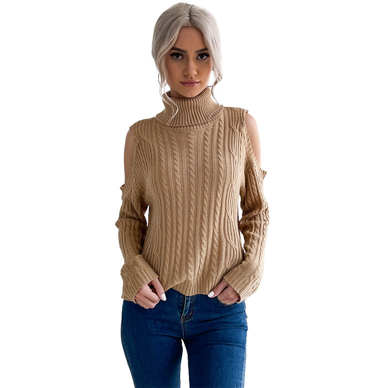Damen Off-Shoulder Strickpullover Hoher Kragen Eveloria