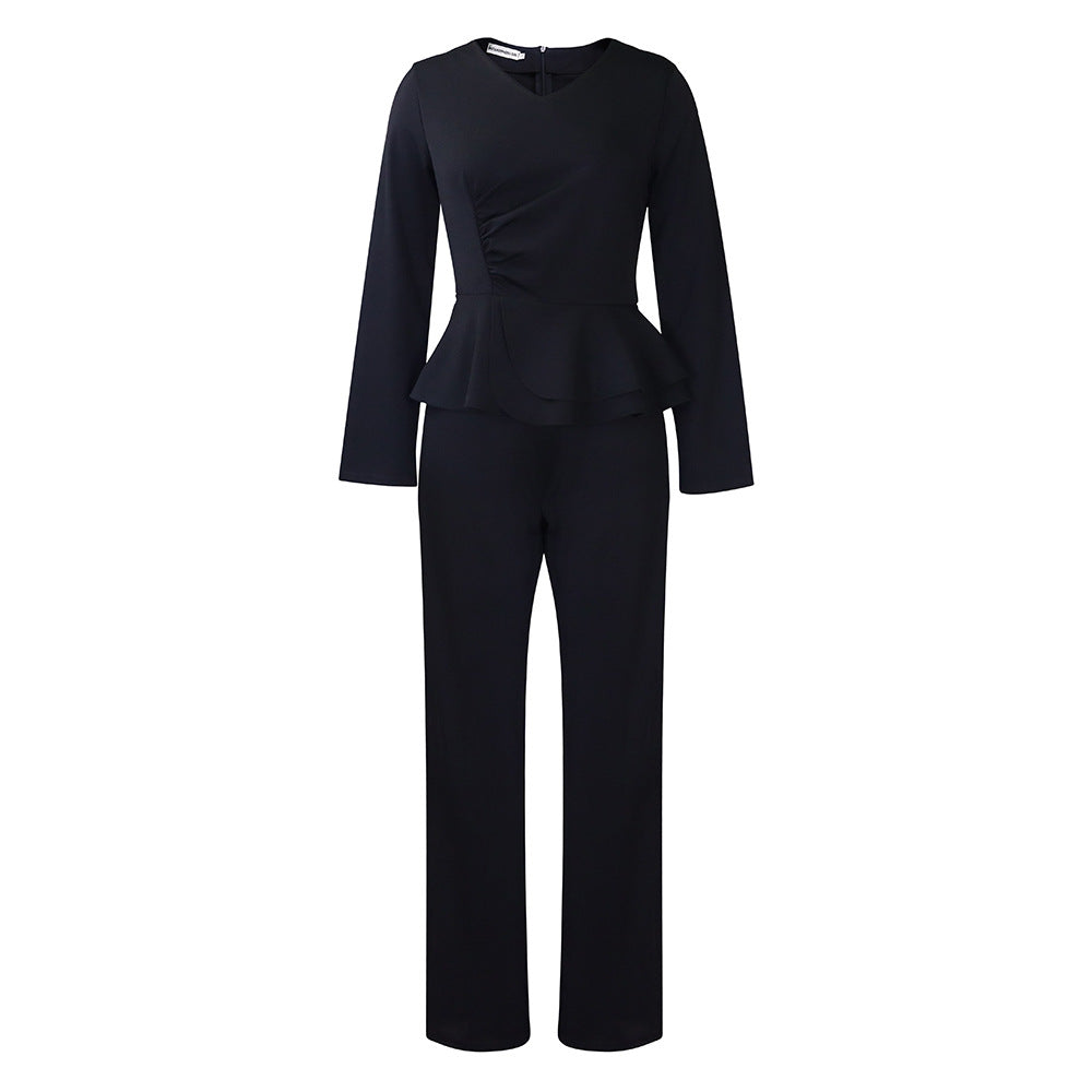 Damen Jumpsuit Peplum Schnitt Langer Ärmel Eveloria