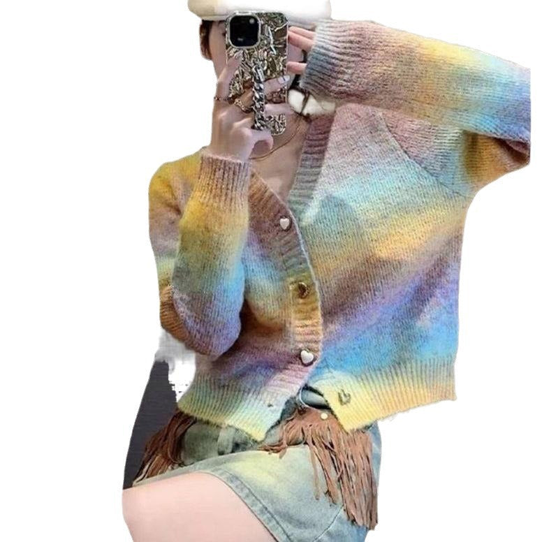 Damen Strickjacke Farbverlauf Herzknöpfe Eveloria