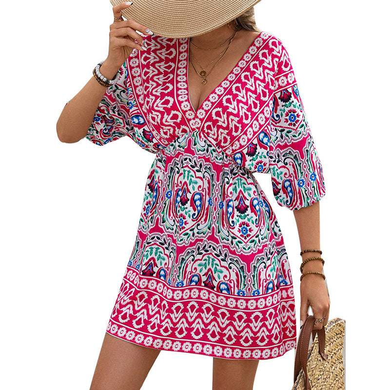 Damen Boho Kleid Weite Ärmel Florale Muster Eveloria