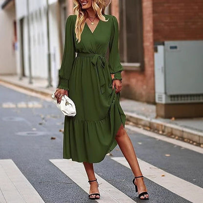 Damen Midi-Kleid V-Ausschnitt Bindegürtel Eveloria