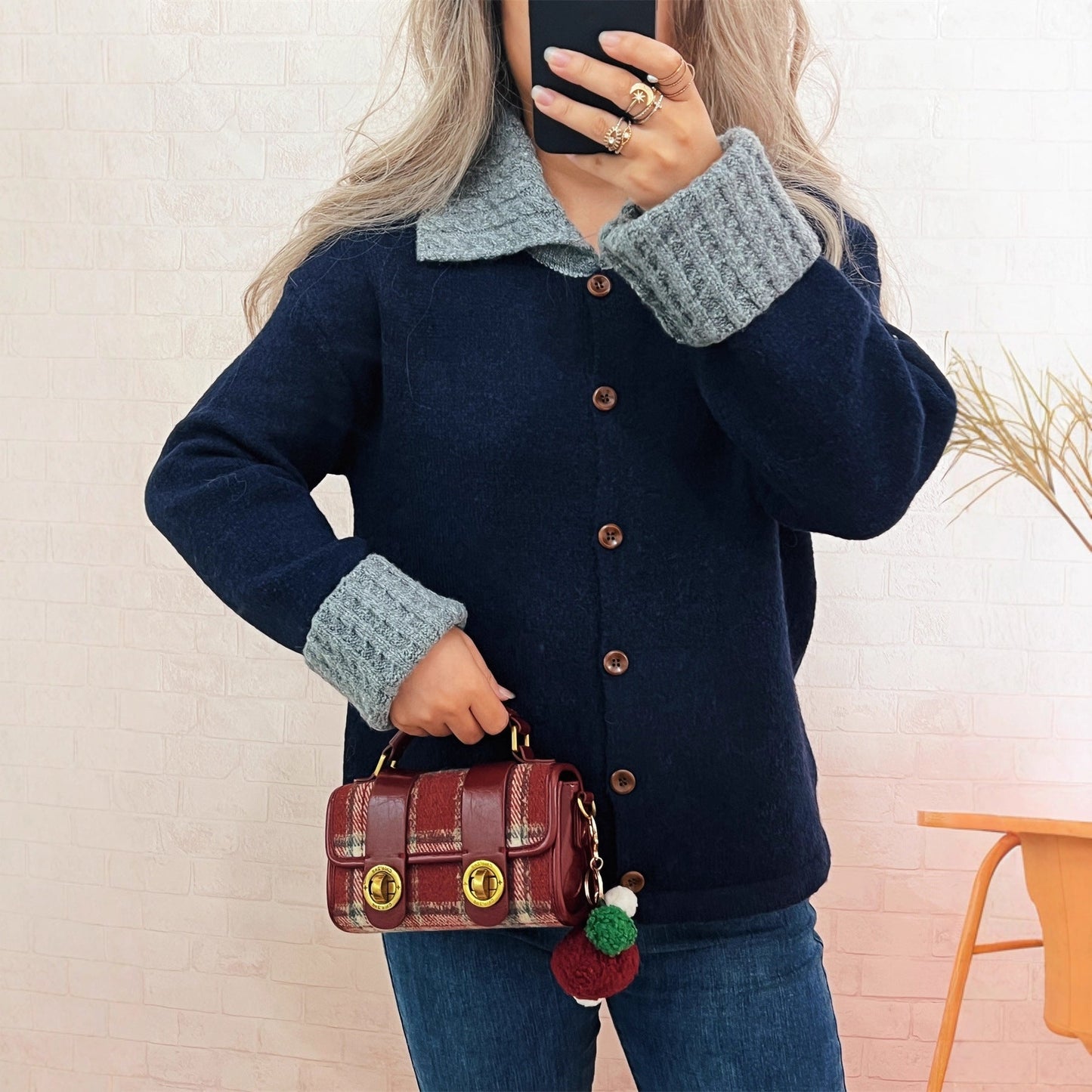 Damen Strickjacke Lässig Breiter Kragen Knöpfe Beige