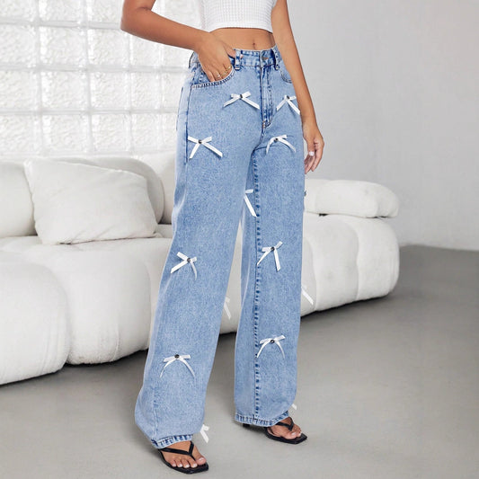 Damen Jeans Weite Fit Dekorative Schleifen Blau - Eveloria