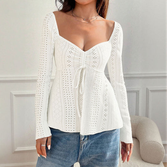Damen Bluse Rüschen Dekor Schnürdesign Elegante Bluse - Eveloria