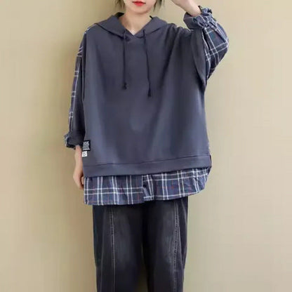 Damen Kapuzenpullover Karo Applikation Weich Innenfutter Schwarz - Eveloria