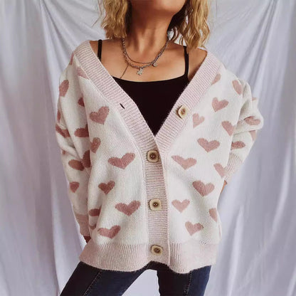 Damen Strickjacke Herzförmiges Muster Knöpfe - Eveloria
