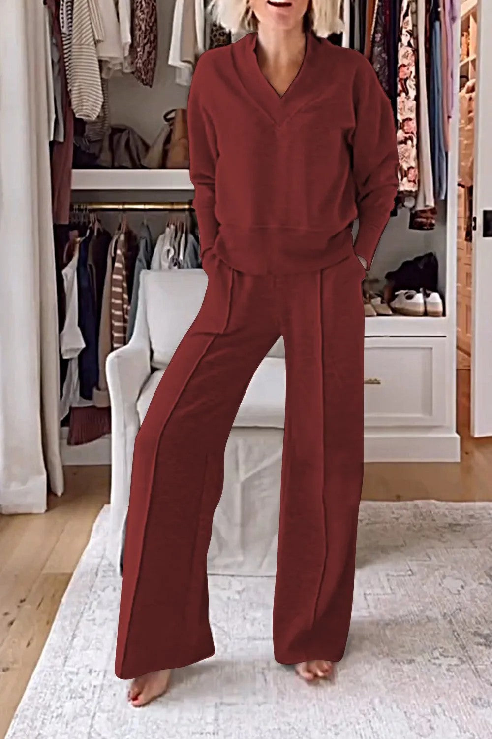 Damen Loungewear-Set V-Ausschnitt Weite Passform Eveloria