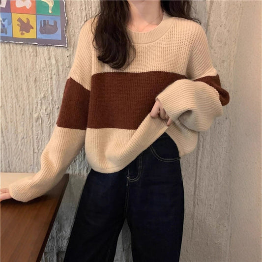 Damen Grobstrickpullover Modernes Farbblockdesign - Eveloria