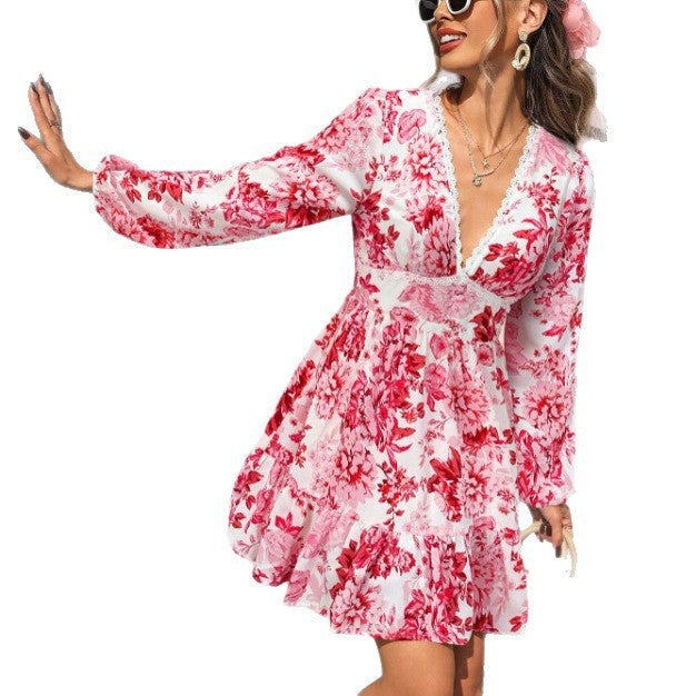 Damen Sommerkleid mit Volants aus Seide Blumenmuster