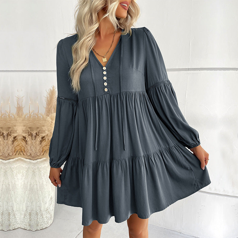 Damen Wickelkleid mit Knöpfen und Volumenärmeln Eveloria