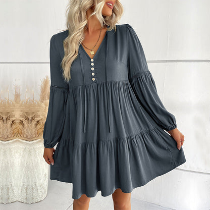 Damen Wickelkleid mit Knöpfen und Volumenärmeln Eveloria