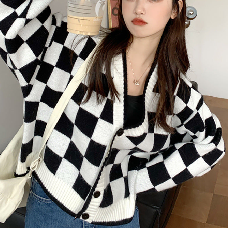 Damen Grobstrickjacke Karomuster Bequem Knöpfe Braun - Eveloria