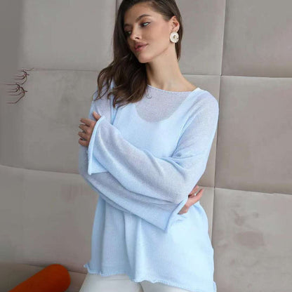 Damen Pullover Weite Ärmel Feines Lochstrickdesign Beige