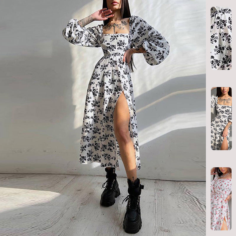 Damen Maxikleid Langärmlig Rüschen Floralmuster - Eveloria