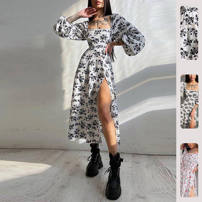 Damen Maxikleid Langärmlig Rüschen Floralmuster - Eveloria