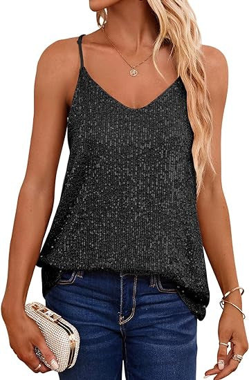 Damen Spaghetti-Trägertop V-Ausschnitt Glitzerdetails Eveloria