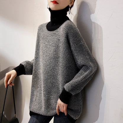 Damen Grobstrickpullover Hochkragen Modernes Muster Eveloria