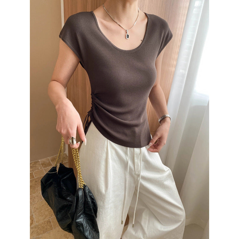 Damen Oberteil Rundhals Kurzarm mit Bindeband Eveloria - Eveloria