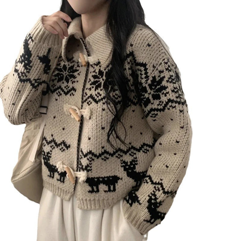 Damen Strickjacke Tiermotiv Hochwertig Holzknöpfe Beige