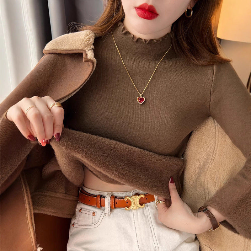 Damen Langarmshirt Rüschensaum Elegantes Design Weiß