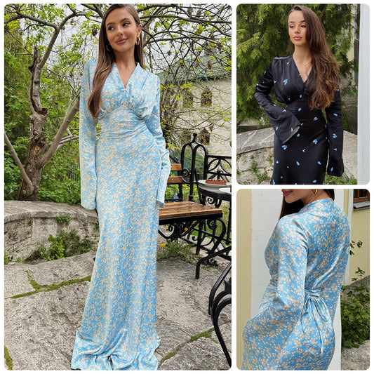 Damen Maxikleid Langärmelig Floralmuster feminin Schwarz - Eveloria