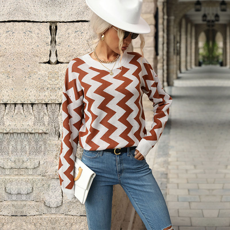 Damen Strickpullover Zickzackmuster Eveloria
