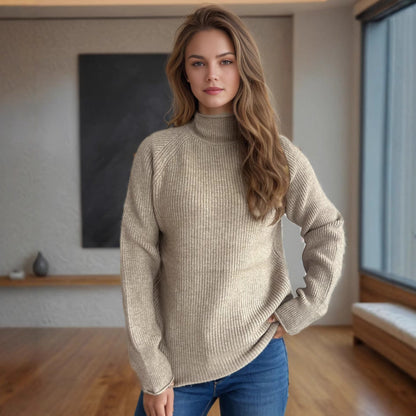 Damen Rollkragenpullover Weich Grobstrick Beige
