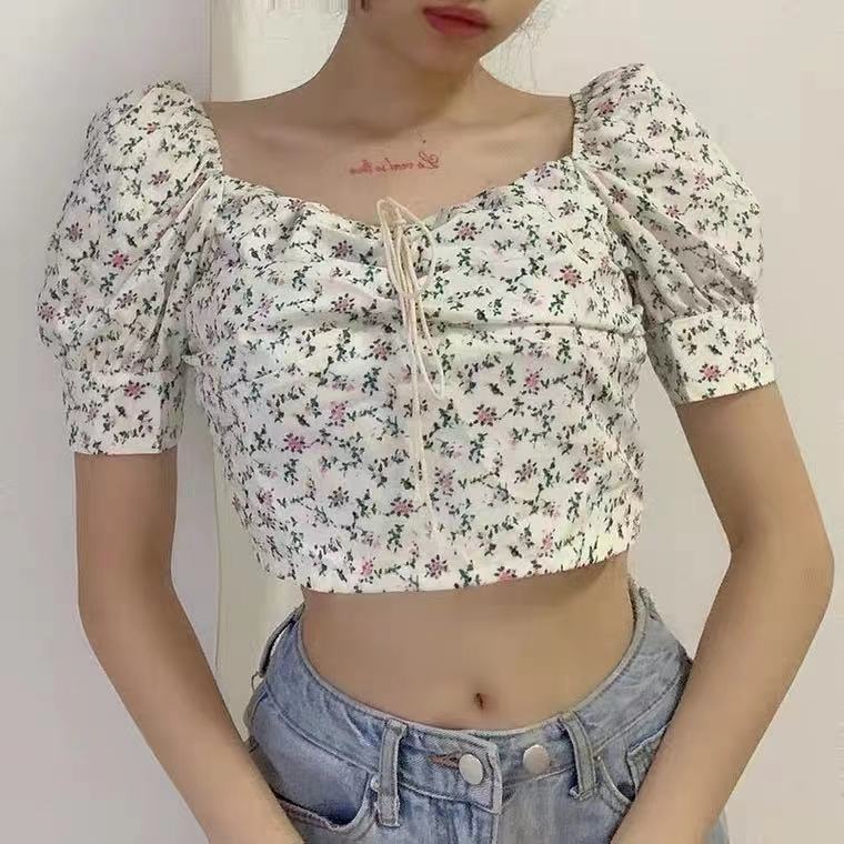 Damen Crop- Puffärmel Floralmuster - Eveloria