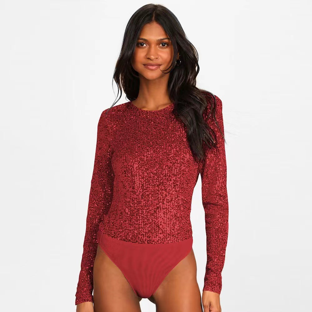 Damen Glitzerbodysuit Langer Ärmel Schimmerstoff Eveloria