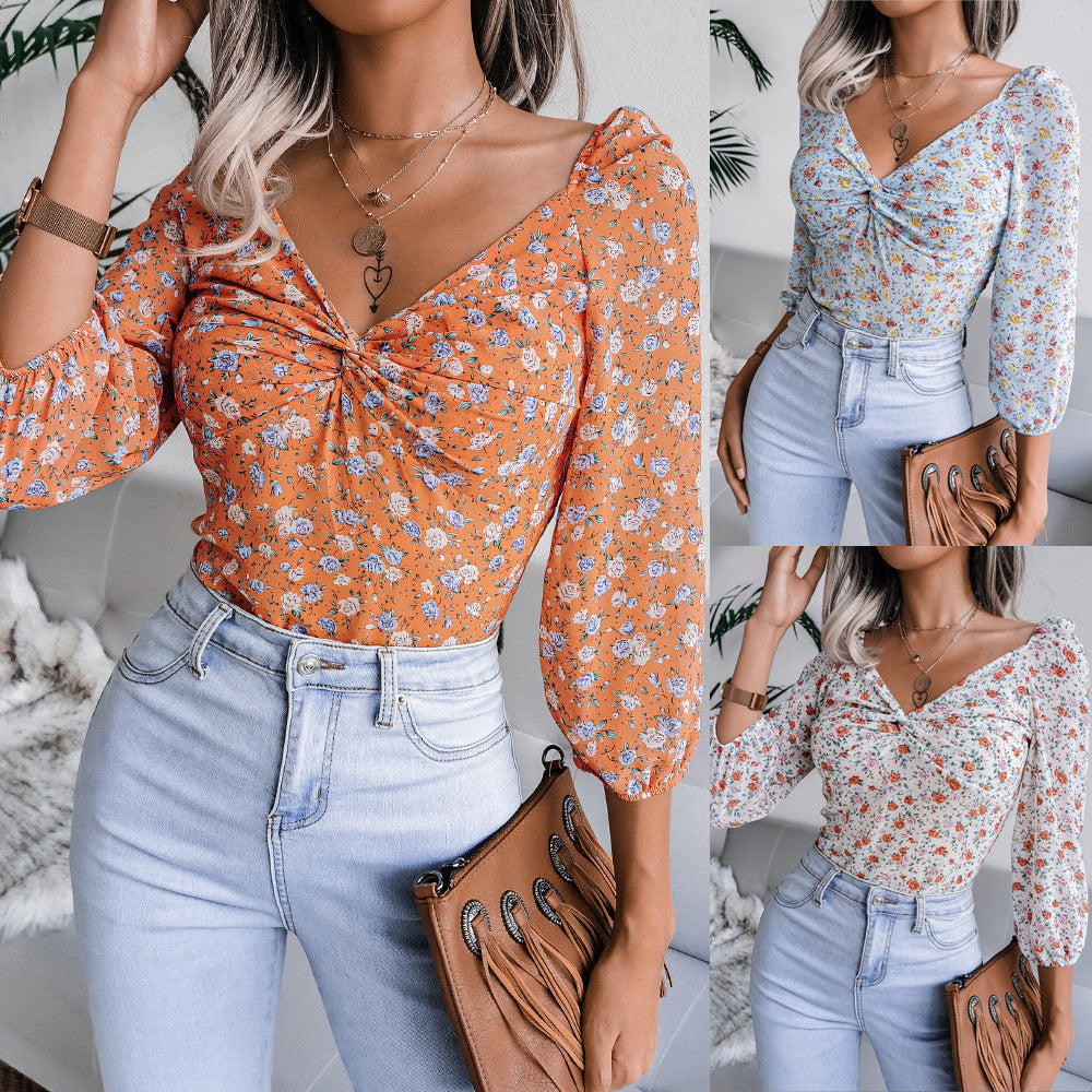 Damen Bluse Blumenprint Seidenoptik Rosa - Eveloria