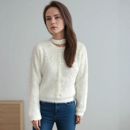Damen Pullover Hochgeschlossen Kuschelig Dekorative Knöpfe Beige