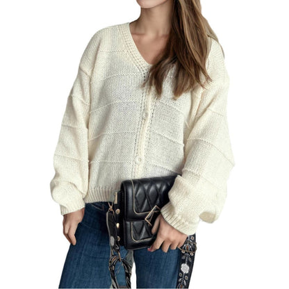 Damen Strickjacke V-Ausschnitt Elegantes Design Beige