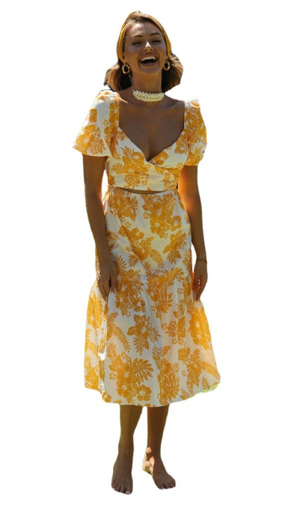 Damen Midi Kleid mit Wasserfall-Ausschnitt und Blumenmuster