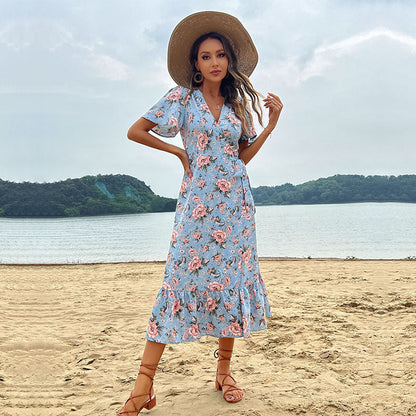 Damen Maxikleid Floral Rüschensaum