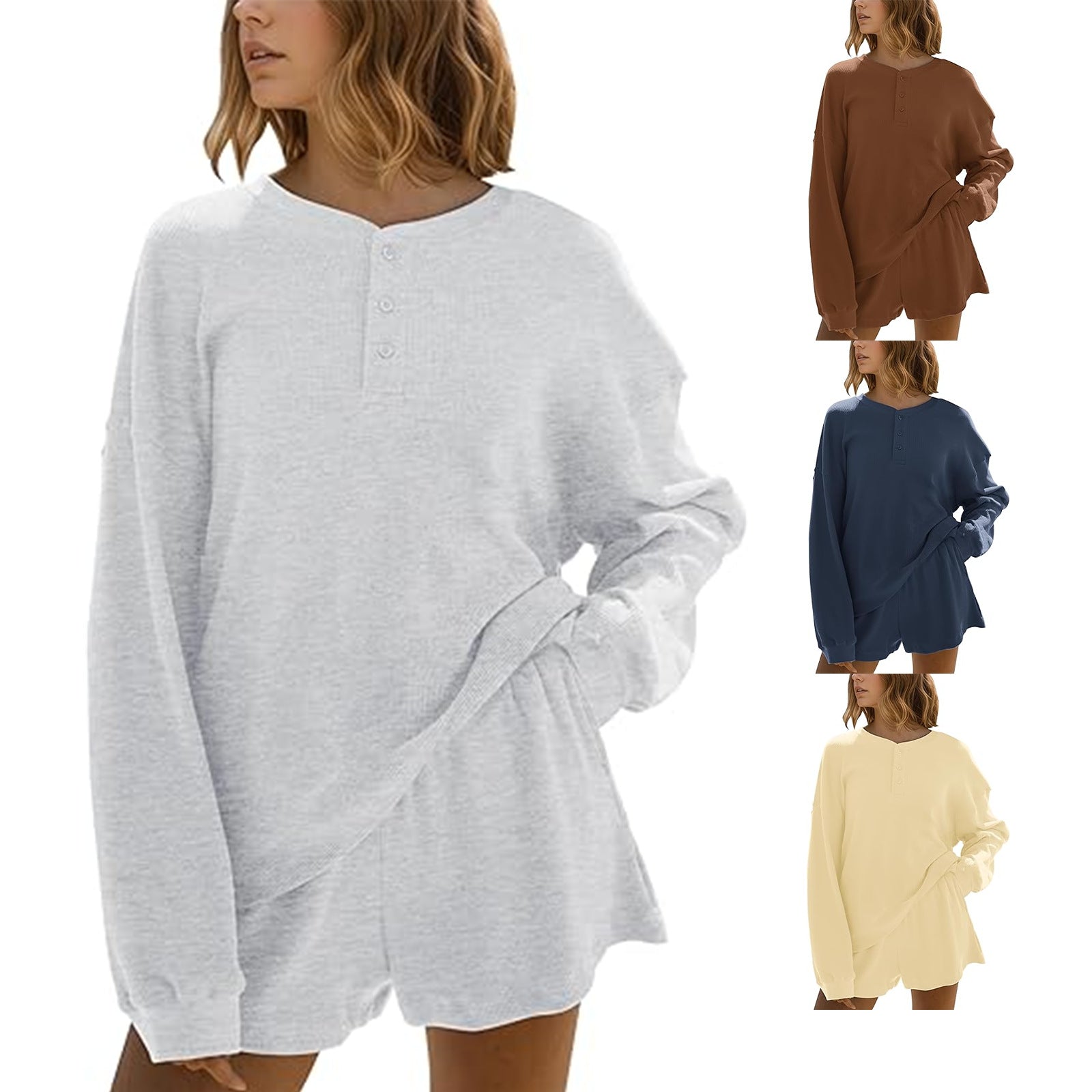 Damen Langarm-Pullover Lässig Knopfdetails Grau Eveloria - Eveloria