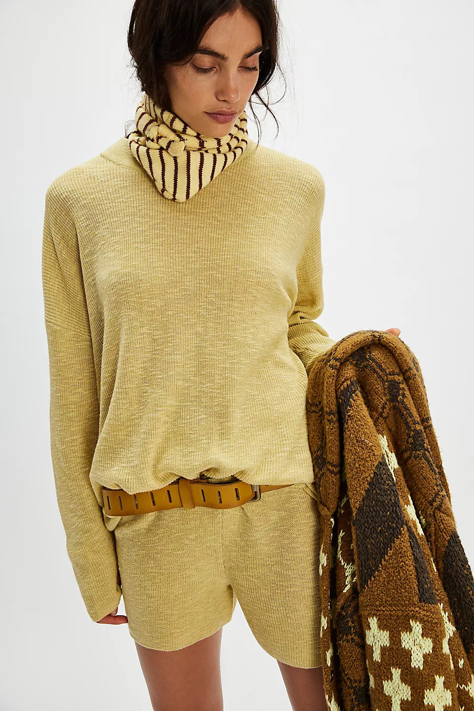 Damen Strick-Set Oversized Pullover Kurze Hose Grau Eveloria