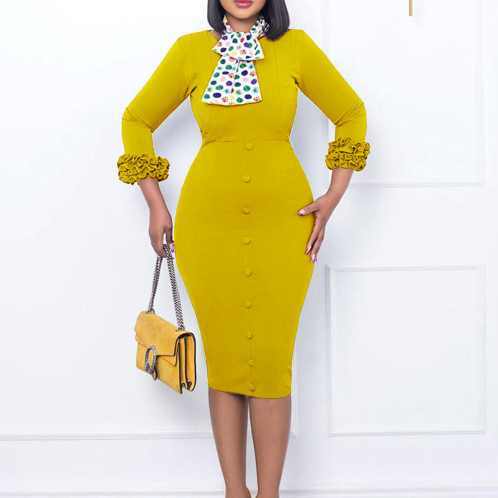 Damen Midi-Kleid Rüschenärmel Schwarz - Eveloria