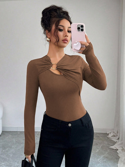 Damen Bodysuit Rundhalsausschnitt Dekoratives Bindungsdetail