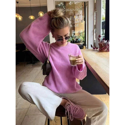 Damen Rundhalspullover Feine Strickmischung Kuschelig Grau Eveloria
