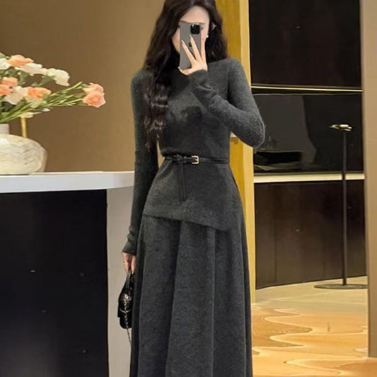 Damen Strickkleid Asymmetrischer Saum Mit Gürtel Schwarz - Eveloria