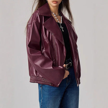 Damen Oversized Kunstlederjacke schmal Reißverschluss