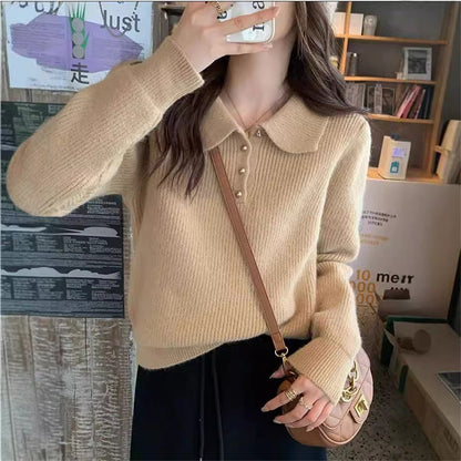 Damen Pullover mit Polokragen Weiches Strickmaterial Beige