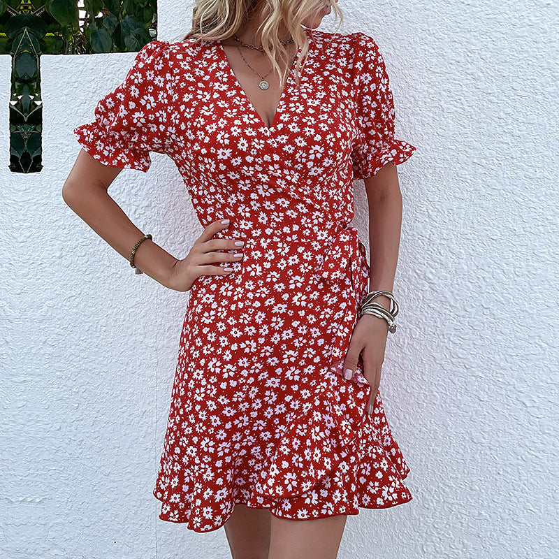 Damen Wickelkleid Fließender Rock Blumenmuster Eveloria