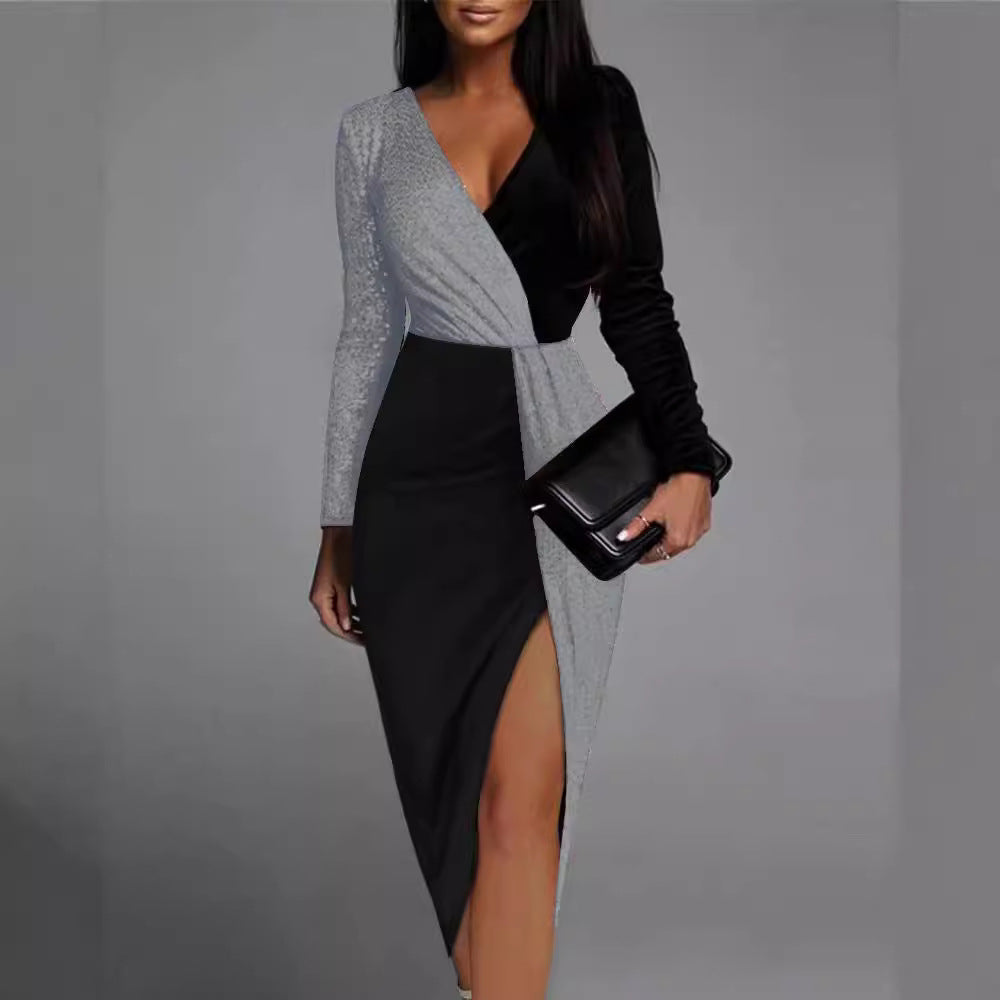 Damen Wickelkleid Asymmetrisch Langarm Eveloria
