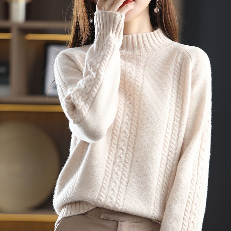 Damen Strickpullover Kuscheliger Zopfmuster Hochkragen Beige