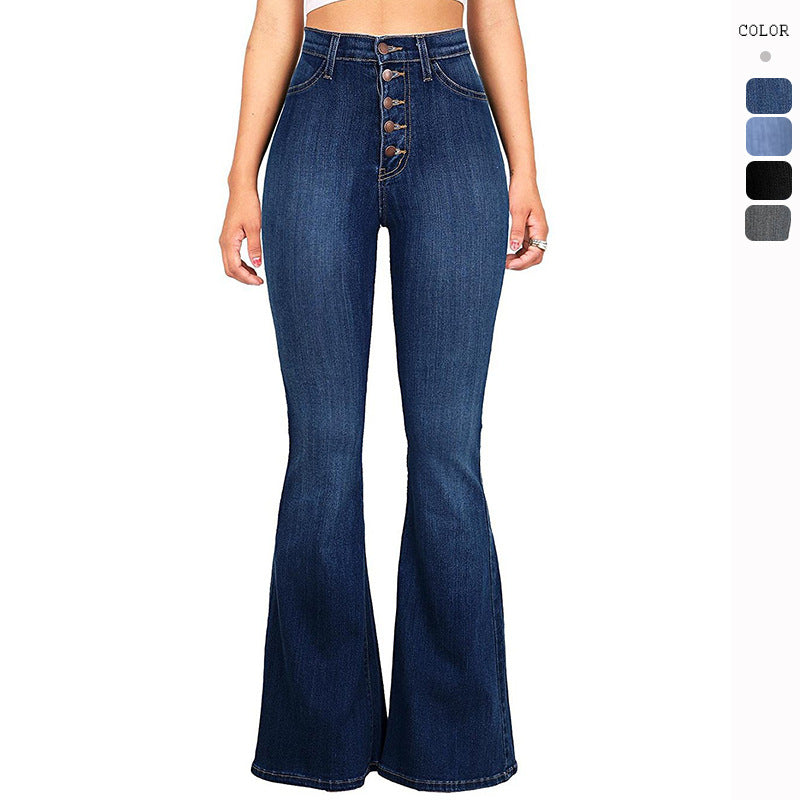 Damen Highwaist Flare Jeans Dekorative Knöpfe Schwarz Eveloria - Eveloria